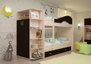 Двухэтажная детская кровать ТМК Мая на щитах со шкафом и ящиками, корпус Млечный дуб, фасад Венге в Архангельске
