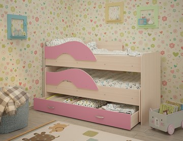 Двухэтажная детская кровать Радуга 1.6 с ящиком, корпус Млечный дуб, фасад Розовый в Архангельске