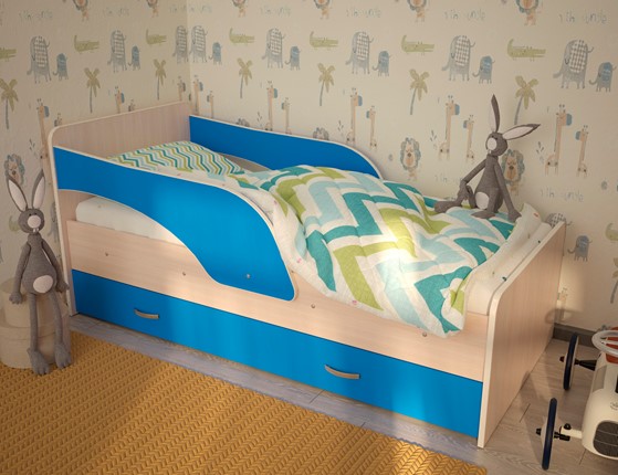 Детская кровать с бортиками Максимка, корпус Млечный дуб, фасад Синий в Архангельске - изображение