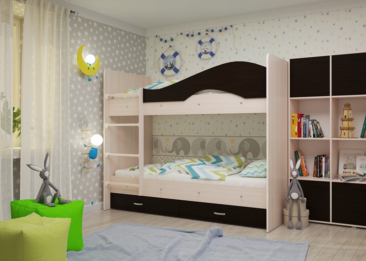 Двухэтажная детская кровать Мая на щитах со шкафом и ящиками, корпус Млечный дуб, фасад Венге в Архангельске - изображение 1