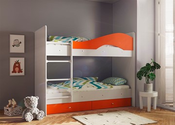 Двухэтажная кровать Мая с 2 ящиками на щитах, корпус Млечный дуб, фасад Оранжевый в Архангельске - предосмотр