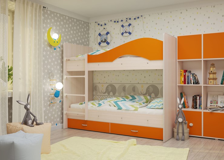Двухэтажная кровать Мая с 2 ящиками на щитах, корпус Млечный дуб, фасад Оранжевый в Архангельске - изображение 3