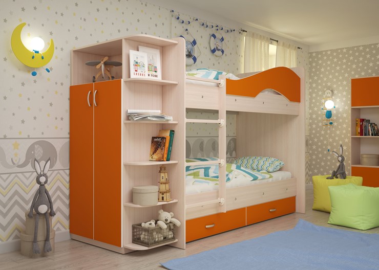 Двухэтажная кровать Мая с 2 ящиками на щитах, корпус Млечный дуб, фасад Оранжевый в Архангельске - изображение 1