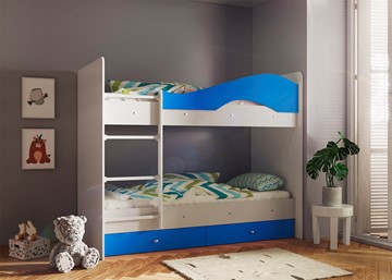 Детская 2-этажная кровать Мая с 2 ящиками на щитах, корпус Млечный дуб, фасад Синий в Архангельске