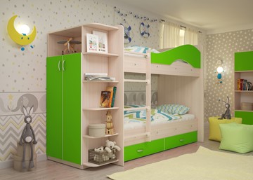Двухъярусная детская кровать Мая на щитах со шкафом и ящиками, корпус Млечный дуб, фасад Салатовый в Архангельске