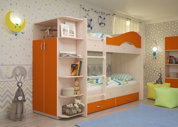 Детская кровать для мальчика Мая на щитах со шкафом и ящиками, корпус Млечный дуб, фасад Оранжевый в Архангельске