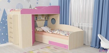 Детская кровать для девочки Кадет-2 с металлической лестницей, корпус Дуб, фасад Розовый в Архангельске