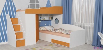 Детская кровать-чердак Кадет-2 с универсальной лестницей, корпус Белое дерево, фасад Оранжевый в Архангельске