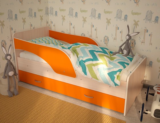 Кровать с ящиками Максимка, корпус Млечный дуб, фасад Оранжевый в Архангельске - изображение