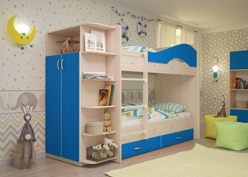 Детская двухъярусная кровать Мая на щитах со шкафом и ящиками, корпус Млечный дуб, фасад Синий в Архангельске