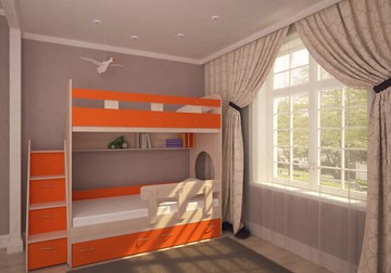 Двухэтажная детская кровать Юниор-1 с бортом, каркас Дуб, фасад Оранжевый в Архангельске - предосмотр