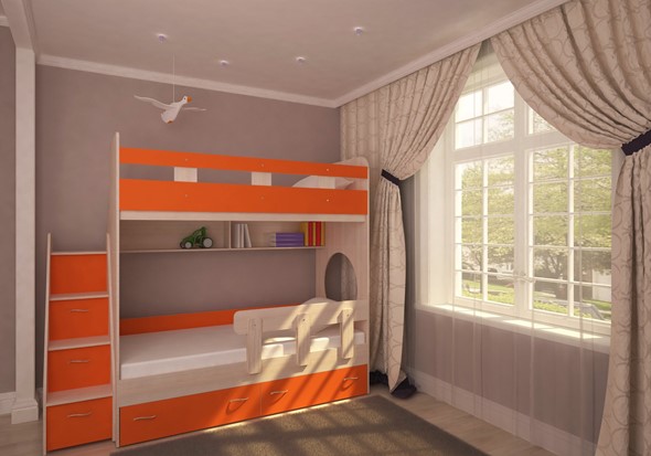 Двухэтажная детская кровать Юниор-1 с бортом, каркас Дуб, фасад Оранжевый в Архангельске - изображение