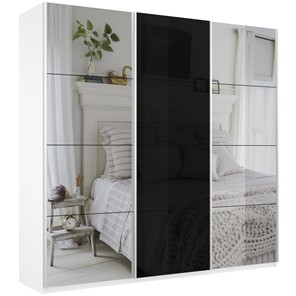Шкаф 3-дверный Широкий Прайм (2 Зеркала / Стекло черное) 2400x570x2300, Белый Снег в Архангельске