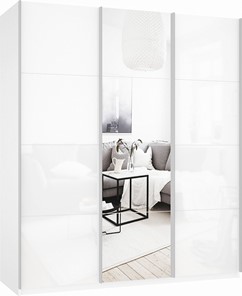 Шкаф трехстворчатый Прайм (Белое стекло/Зеркало/Белое стекло) 2100x570x2300, белый снег в Архангельске