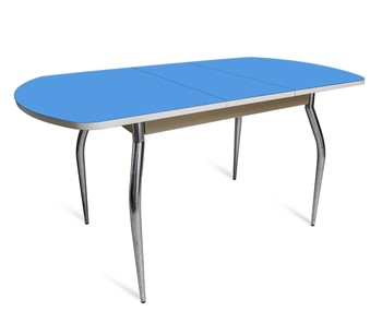 Кухонный раздвижной стол ПГ-07 СТ2, дуб молочный/синие стекло/35 хром гнутые металл в Архангельске