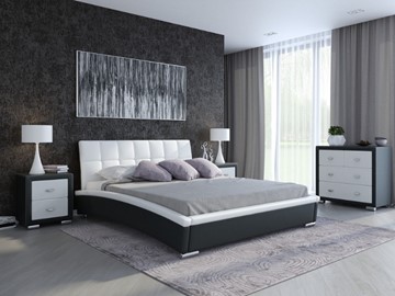 Кровать в спальню Corso-1L 140x200, Экокожа (Черный с белым) в Архангельске