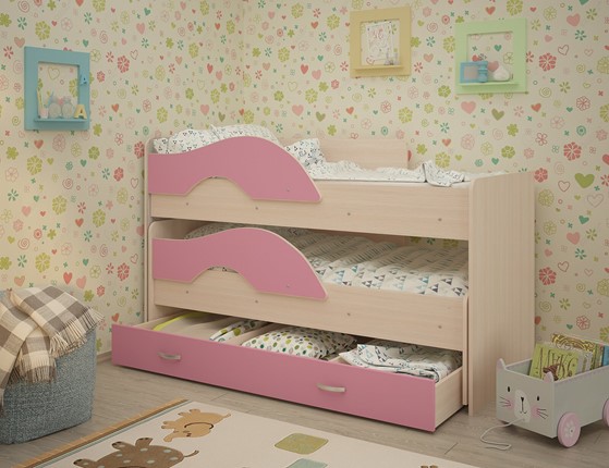 Двухэтажная детская кровать Радуга 1.6 с ящиком, корпус Млечный дуб, фасад Розовый в Архангельске - изображение