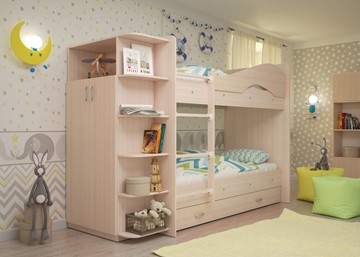 Двухэтажная кровать Мая на щитах со шкафом и ящиками, цвет Млечный дуб в Архангельске - предосмотр