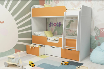 Двухэтажная детская кровать Малыш двойняшка 70х160, корпус Белое дерево, фасад Оранжевый в Архангельске - предосмотр