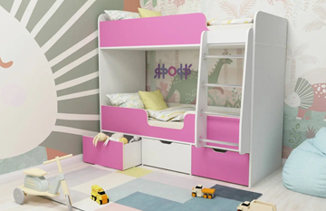 Детская двухэтажная кровать Малыш двойняшка 70х160, корпус Белое дерево, фасад Розовый в Архангельске - предосмотр