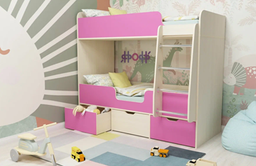 Двухэтажная детская кровать Малыш двойняшка 70х160, корпус Дуб молочный, фасад Розовый в Архангельске - предосмотр