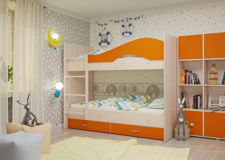 Кровать 2-ярусная Мая на щитах со шкафом и ящиками, корпус Млечный дуб, фасад Оранжевый в Архангельске - изображение 1
