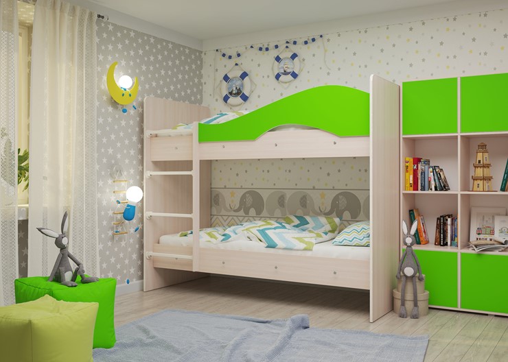 Двухъярусная детская кровать Мая на щитах со шкафом и ящиками, корпус Млечный дуб, фасад Салатовый в Архангельске - изображение 2