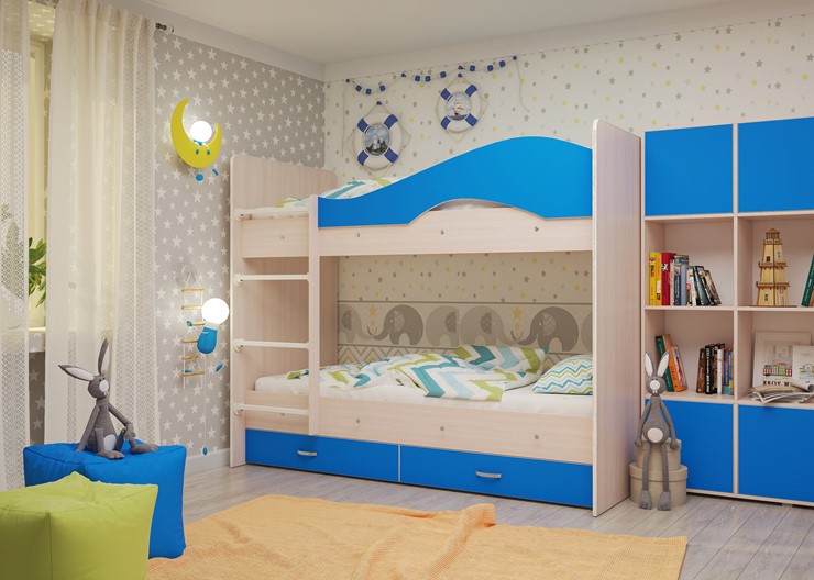 Детская двухъярусная кровать Мая на щитах со шкафом и ящиками, корпус Млечный дуб, фасад Синий в Архангельске - изображение 2