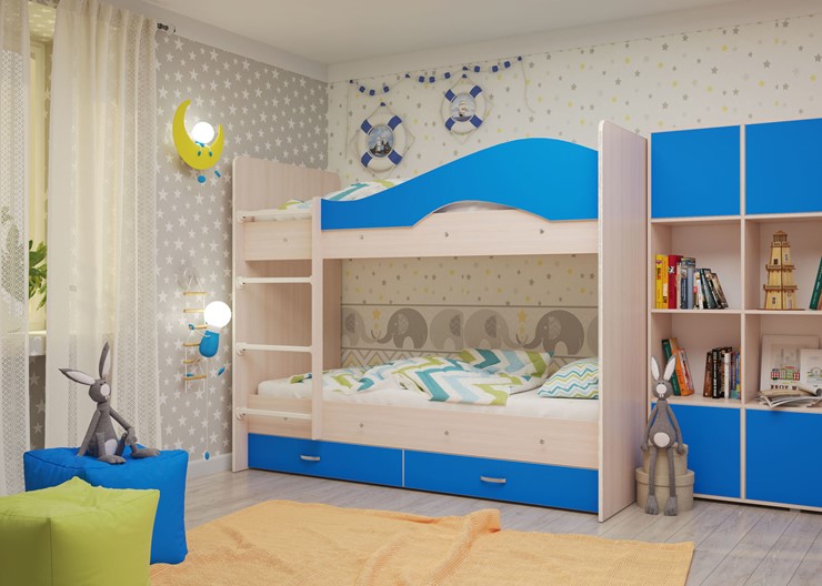 Детская 2-этажная кровать Мая с 2 ящиками на щитах, корпус Млечный дуб, фасад Синий в Архангельске - изображение 3