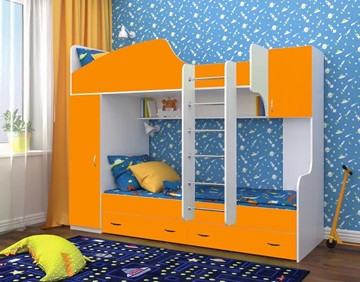Двухъярусная детская кровать Юниор-2, каркас Белое дерево, фасад Оранжевый в Архангельске - предосмотр