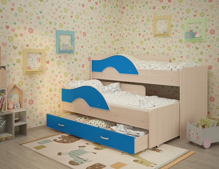 Детская 2-х ярусная кровать Радуга 1.6 с ящиком, корпус Млечный дуб, фасад Синий в Архангельске - изображение 1