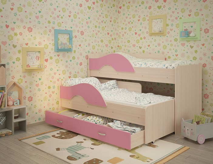 Двухэтажная детская кровать Радуга 1.6 с ящиком, корпус Млечный дуб, фасад Розовый в Архангельске - изображение 1