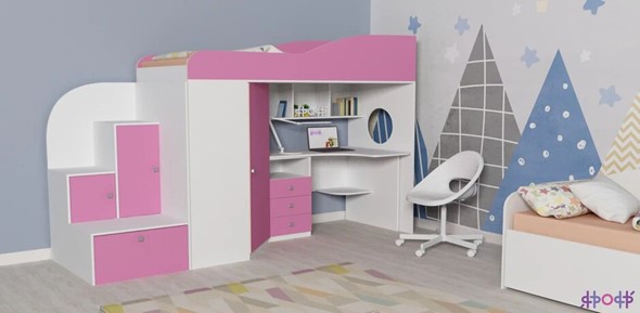 Кровать-чердак детская Кадет-1, корпус Белое дерево, фасад Розовый в Архангельске - изображение