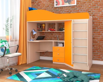 Детская кровать-чердак Кадет-1 с металлической лестницей, корпус Дуб, фасад Оранжевый в Архангельске - предосмотр
