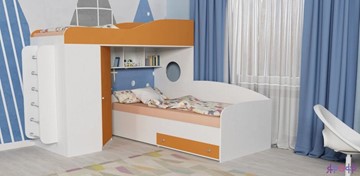 Детская кровать-чердак Кадет-2 с металлической лестницей, корпус Белое дерево, фасад Оранжевый в Архангельске - предосмотр