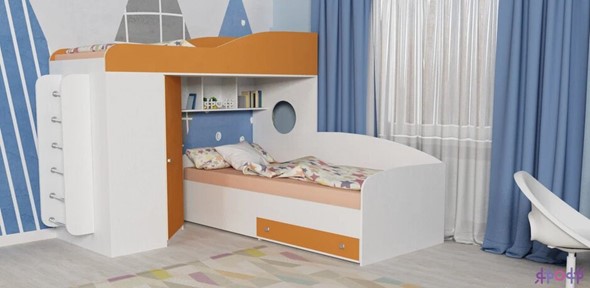 Детская кровать-чердак Кадет-2 с металлической лестницей, корпус Белое дерево, фасад Оранжевый в Архангельске - изображение