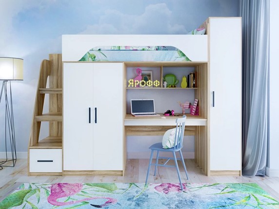 Кровать-чердак детская с шкафом Тея, каркас Ясень, фасад Белый в Архангельске - изображение