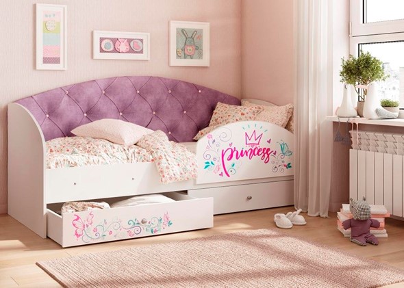 Детская кровать с ящиками Эльза с бортиком, Фиолетовый (латы) в Архангельске - изображение