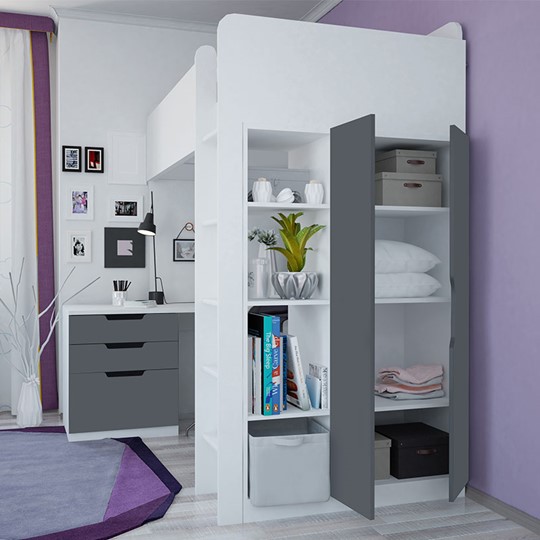 Кровать 2-х ярусная с письменным столом и шкафом POLINI Kids Simple Белый / Серый в Архангельске - изображение 1