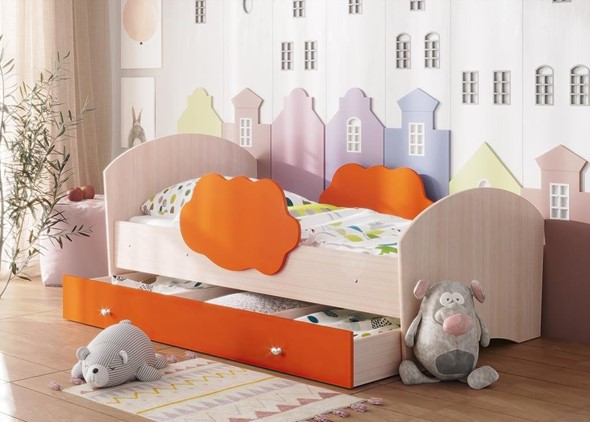 Детская кровать Тучка с ящиком, корпус Дуб млечный, фасад Оранжевый в Архангельске - изображение