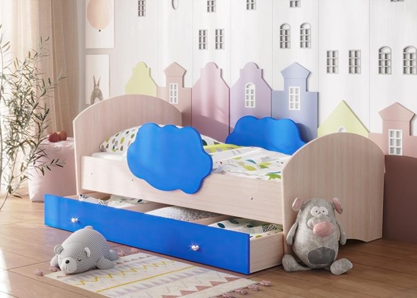 Детская кровать Тучка с ящиком, корпус Дуб млечный, фасад Синий в Архангельске - изображение