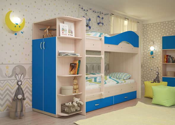 Детская двухъярусная кровать Мая на щитах со шкафом и ящиками, корпус Млечный дуб, фасад Синий в Архангельске - изображение