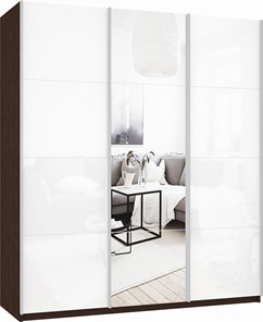 Шкаф 3-х створчатый Прайм (Белое стекло/Зеркало/Белое стекло) 2100x570x2300, венге в Архангельске