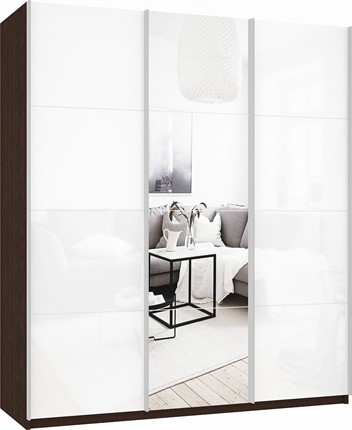 Шкаф 3-х створчатый Прайм (Белое стекло/Зеркало/Белое стекло) 2100x570x2300, венге в Архангельске - изображение