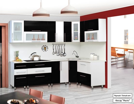 Угловая кухня Мыло 224 2600х1600, цвет Черный/Белый металлик в Архангельске - изображение