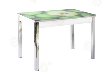Кухонный стол раскладной Айсберг-01 СТФ, белый/фотопечать зеленые яблоки/ноги хром квадратные в Архангельске