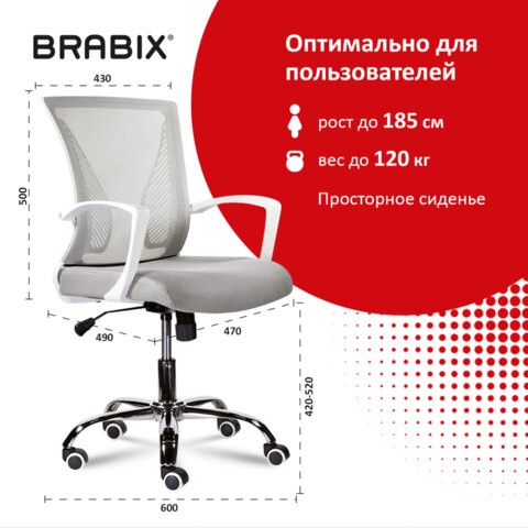 Кресло компьютерное Brabix Wings MG-306 (пластик белый, хром, сетка, серое) 532012 в Архангельске - изображение 7