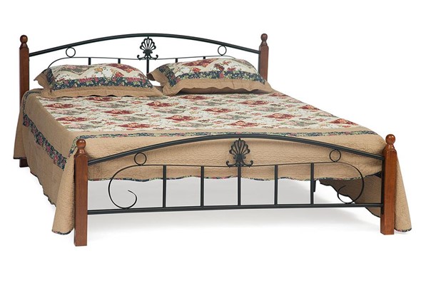 Кровать с основанием РУМБА (AT-203)/ RUMBA дерево гевея/металл, 140х200 см (double bed), красный дуб/черный в Архангельске - изображение