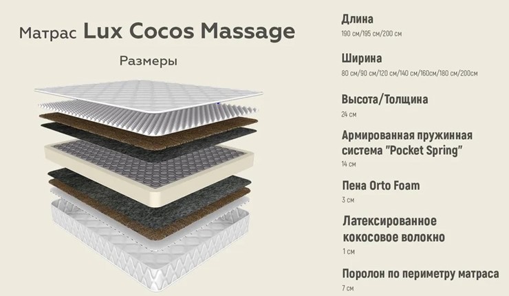 Матрас Lux Cocos Massage 24 в Архангельске - изображение 3